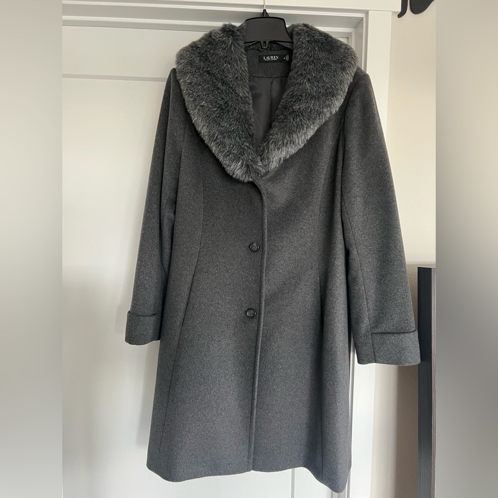 Lauren Ralph Lauren Dark Grey Wool Walker Coat with faux fur trim